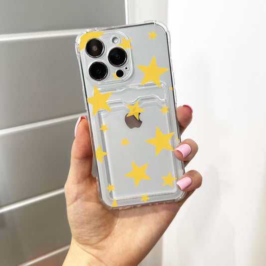 Bright Yellow Star Card Holder Phone Case for iPhone 17 16 15 14 13 12 11 11 Pro Max Mini 7 8 XR X Wallet Shockproof Phone Cover Custom Name