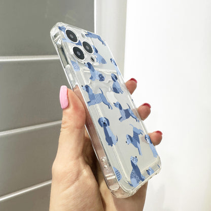Blue Patchwork Dog Card Holder Phone Case for iPhone 17 16 15 14 13 12 11 11 Pro Max Mini 7 8 XR X Wallet Shockproof Phone Cover Custom Name