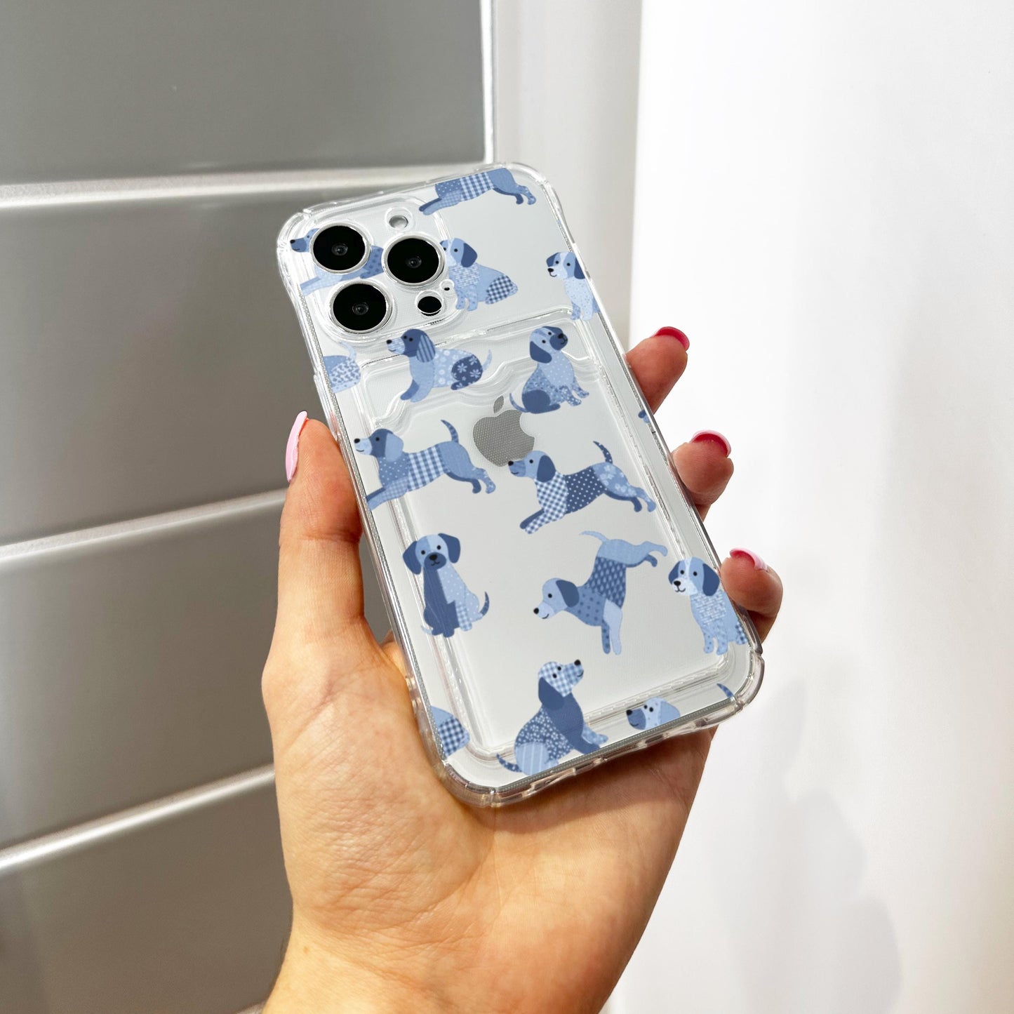 Blue Patchwork Dog Card Holder Phone Case for iPhone 17 16 15 14 13 12 11 11 Pro Max Mini 7 8 XR X Wallet Shockproof Phone Cover Custom Name