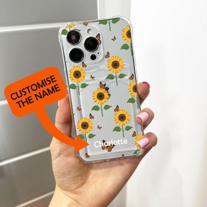 Sunflower Butterfly Clear Card Holder Phone Case for iPhone 17 16 15 14 13 12 11 11 Pro Max Mini 7 XR X Wallet Shockproof Phone Cover Custom