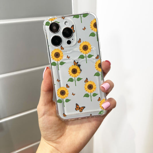 Sunflower Butterfly Clear Card Holder Phone Case for iPhone 17 16 15 14 13 12 11 11 Pro Max Mini 7 XR X Wallet Shockproof Phone Cover Custom