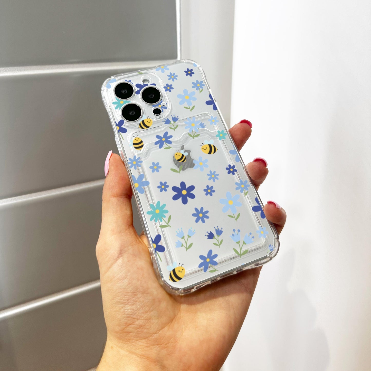 Blue Flower Bee Card Holder Phone Case for iPhone 17 16 15 14 13 12 11 11 Pro Max Mini 7 8 XR XS X Wallet Shockproof Phone Cover Custom Name