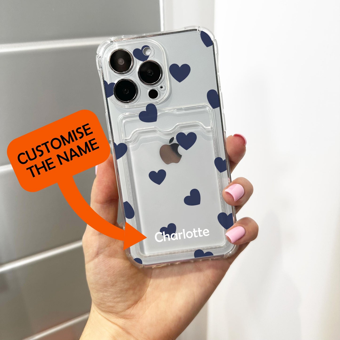 Navy Blue Heart Card Holder Phone Case for iPhone 17 16 15 14 13 12 11 11 Pro Max Mini 7 8 XR XS X Wallet Shockproof Phone Cover Custom Name