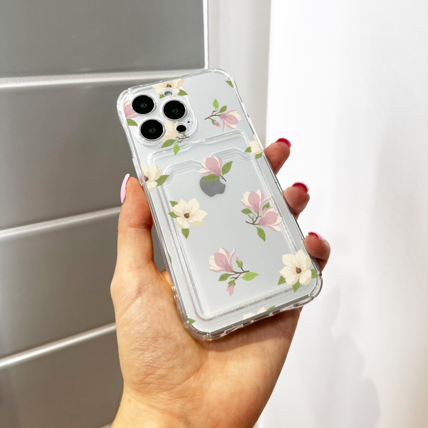 Magnolia Flower Clear Card Holder Phone Case for iPhone 17 16 15 14 13 12 11 11 Pro Max Mini 7 8 XR X Wallet Shockproof Phone Cover Custom