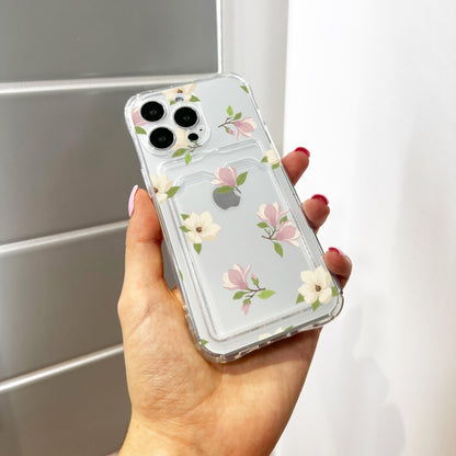 Magnolia Flower Clear Card Holder Phone Case for iPhone 17 16 15 14 13 12 11 11 Pro Max Mini 7 8 XR X Wallet Shockproof Phone Cover Custom