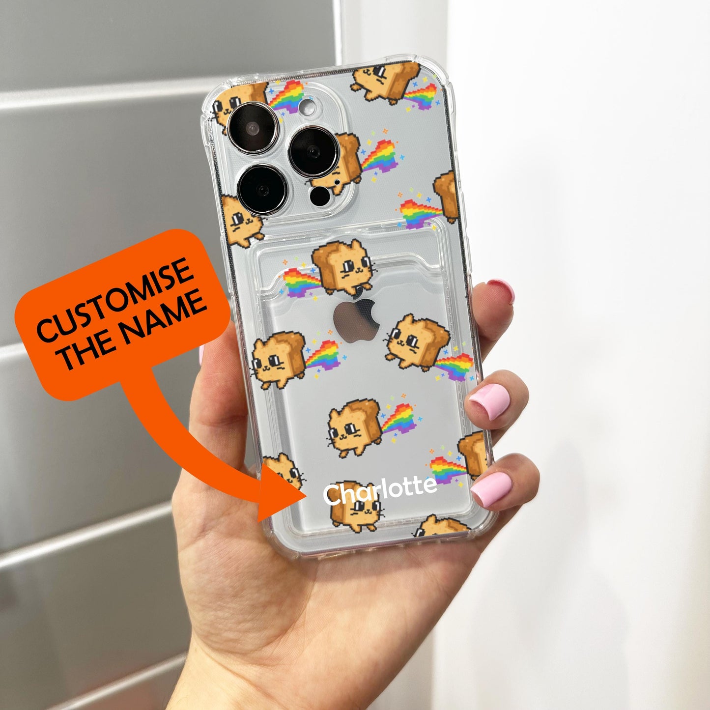 Pixel Art Cat Rainbow Fart Card Holder Phone Case for iPhone 17 16 15 14 13 12 11 11 Pro Max Mini 7 XR Wallet Shockproof Phone Cover Custom