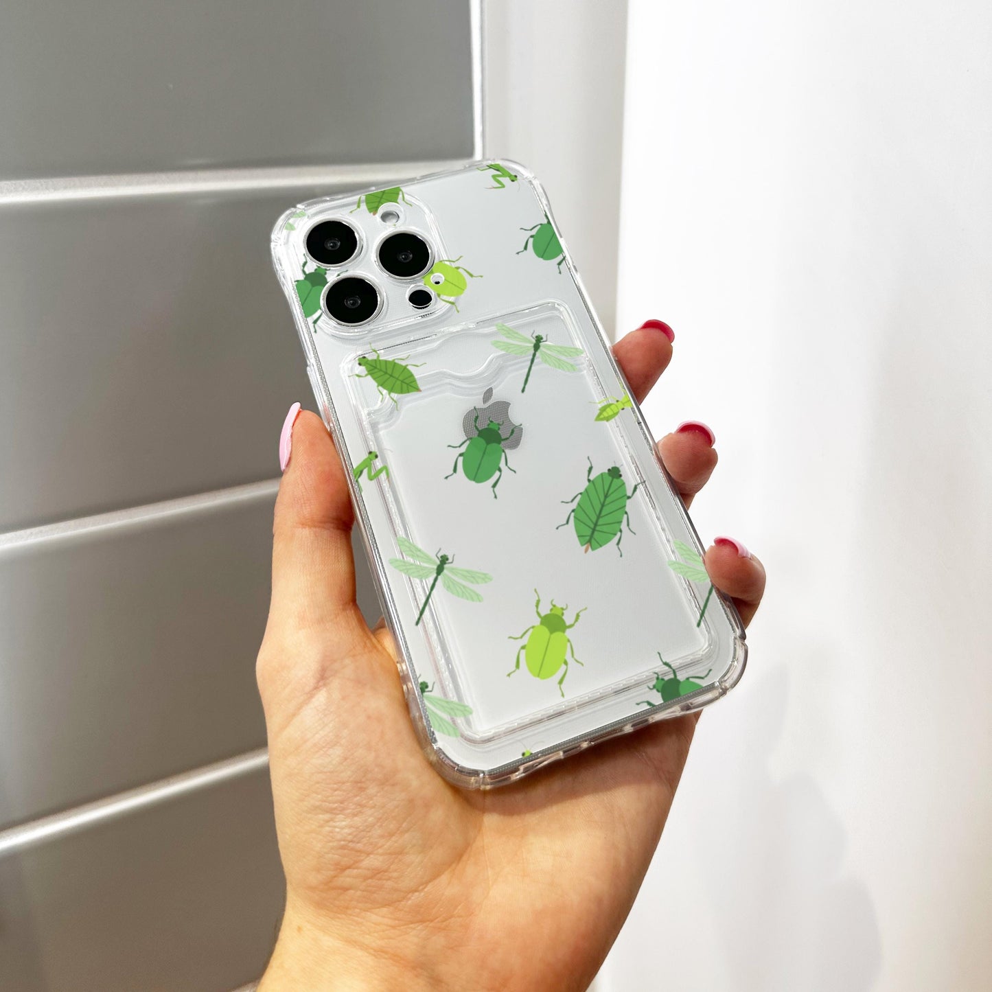 Green Insect Card Holder Phone Case for iPhone 17 16 15 14 13 12 11 11 Pro Max Mini 7 8 XR XS X Wallet Shockproof Phone Cover Custom Name