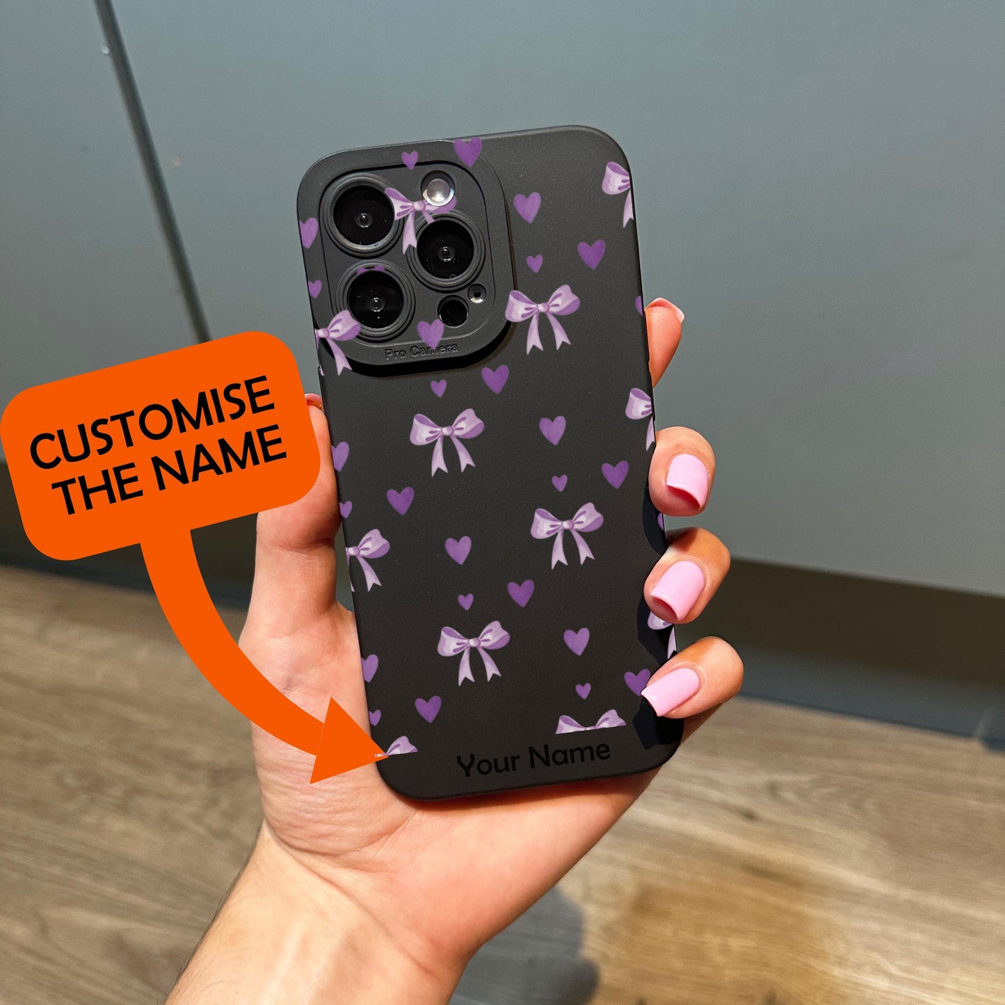 Purple Heart Bow Black Phone Case for iPhone 17 16 15 14 13 12 11 11 Pro Max Mini 7 8 XR XS X Shockproof Phone Cover with Customised Name