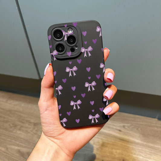 Purple Heart Bow Black Phone Case for iPhone 17 16 15 14 13 12 11 11 Pro Max Mini 7 8 XR XS X Shockproof Phone Cover with Customised Name