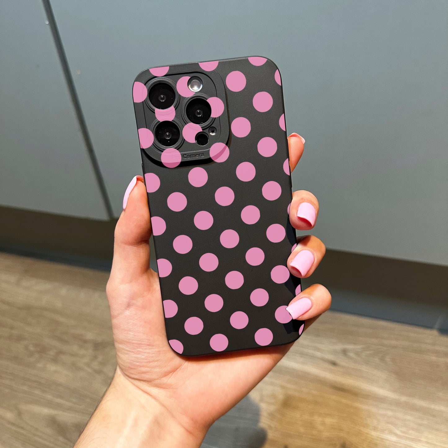 Pink Polka Dot Pattern Black Phone Case for iPhone 17 16 15 14 13 12 11 11 Pro Max Mini 7 8 XR XS X Shockproof Phone Cover Personalised Name