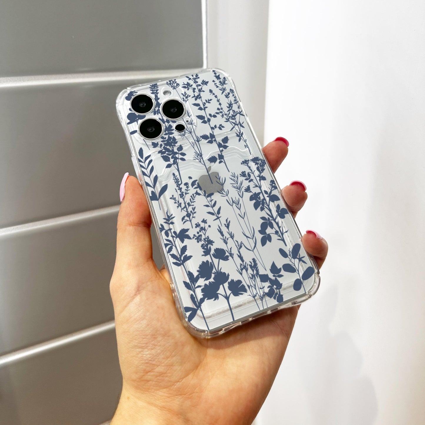 Blue Wild Flower Floral  Card Holder Phone Case for iPhone 17 16 15 14 13 12 11 11 Pro Max Mini 7 8 XR Wallet Shockproof Phone Cover