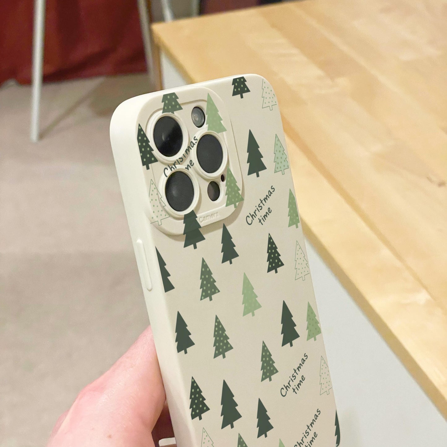 Christmas Tree Pattern Beige Phone Case for iPhone 17 16 15 14 13 12 11 11 Pro Max Mini 7 8 XR XS X Shockproof Phone Cover with Custom Name