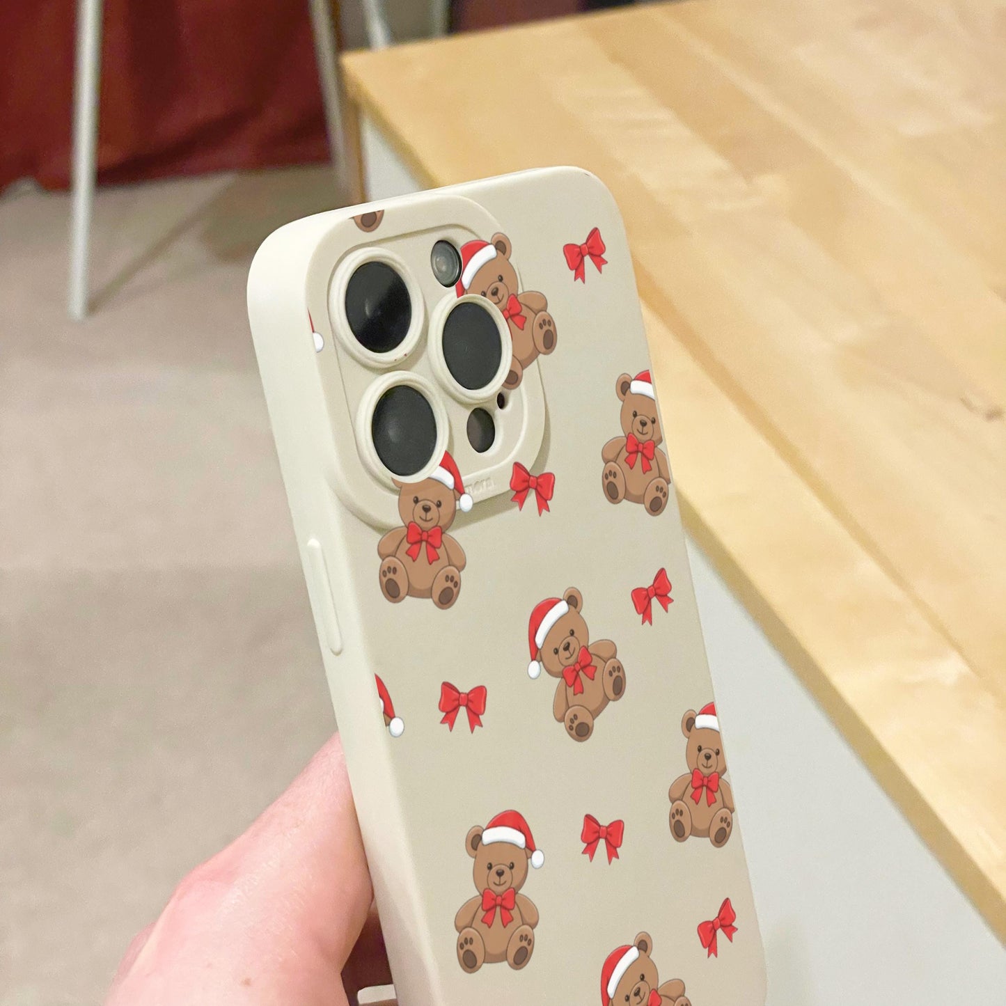 Christmas Teddy Bear Bow Beige Phone Case for iPhone 17 16 15 14 13 12 11 11 Pro Max Mini 7 8 XR XS X Shockproof Phone Cover Custom Name