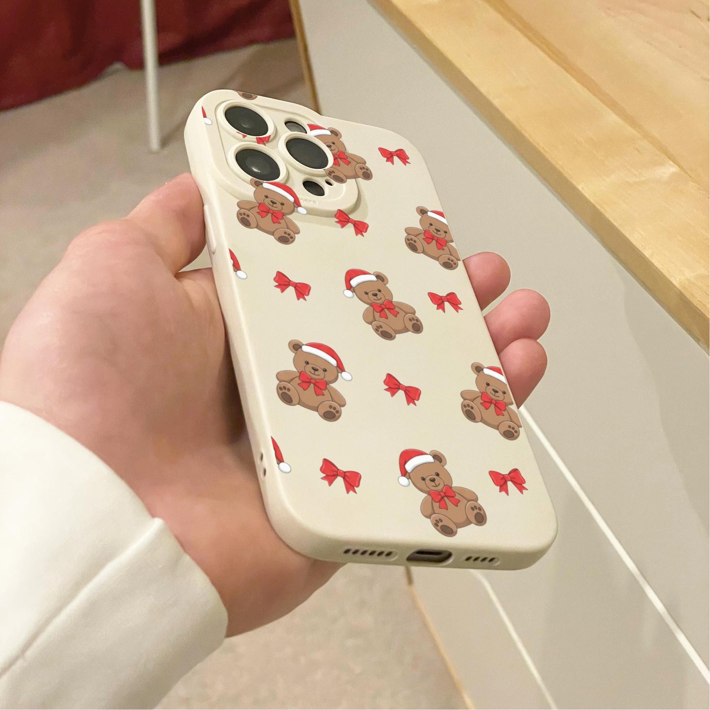 Christmas Teddy Bear Bow Beige Phone Case for iPhone 17 16 15 14 13 12 11 11 Pro Max Mini 7 8 XR XS X Shockproof Phone Cover Custom Name