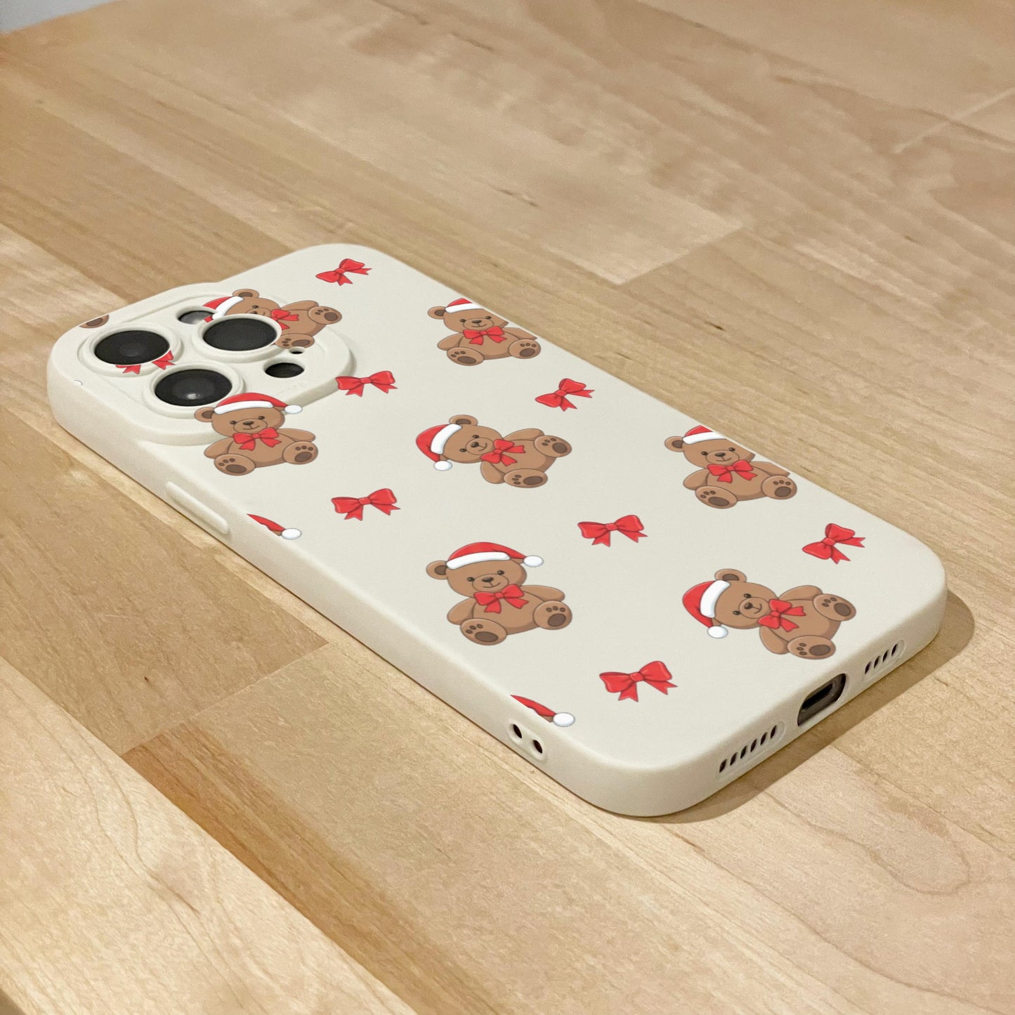 Christmas Teddy Bear Bow Beige Phone Case for iPhone 17 16 15 14 13 12 11 11 Pro Max Mini 7 8 XR XS X Shockproof Phone Cover Custom Name