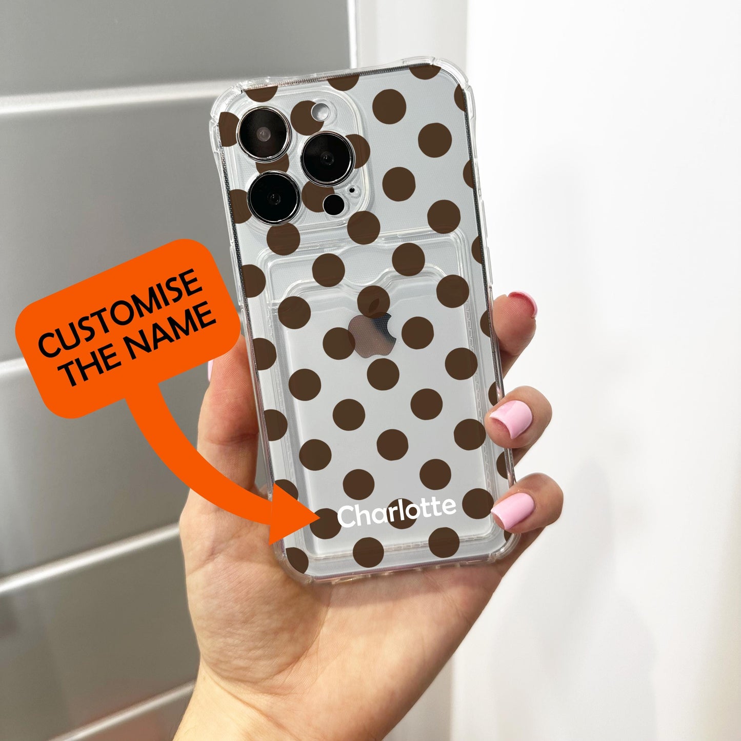 Brown Polka Dot Card Holder Phone Case for iPhone 17 16 15 14 13 12 11 11 Pro Max Mini 7 8 XR XS X Wallet Shockproof Phone Cover Custom Name