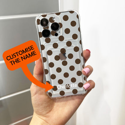 Brown Polka Dot Card Holder Phone Case for iPhone 17 16 15 14 13 12 11 11 Pro Max Mini 7 8 XR XS X Wallet Shockproof Phone Cover Custom Name