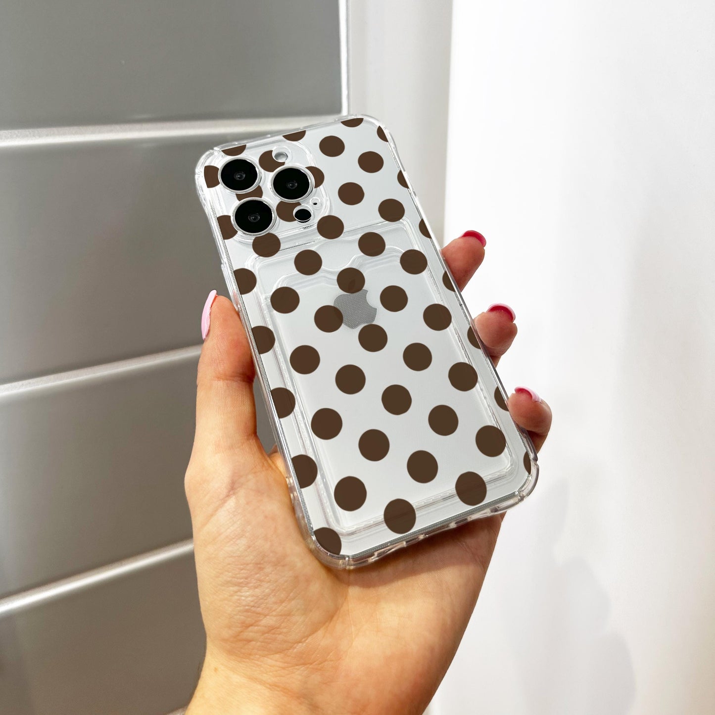 Brown Polka Dot Card Holder Phone Case for iPhone 17 16 15 14 13 12 11 11 Pro Max Mini 7 8 XR XS X Wallet Shockproof Phone Cover Custom Name