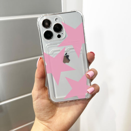 Pink Star Clear Card Holder Phone Case for iPhone 17 16 15 14 13 12 11 11 Pro Max Mini 7 8 XR XS X Wallet Shockproof Phone Cover Custom Name