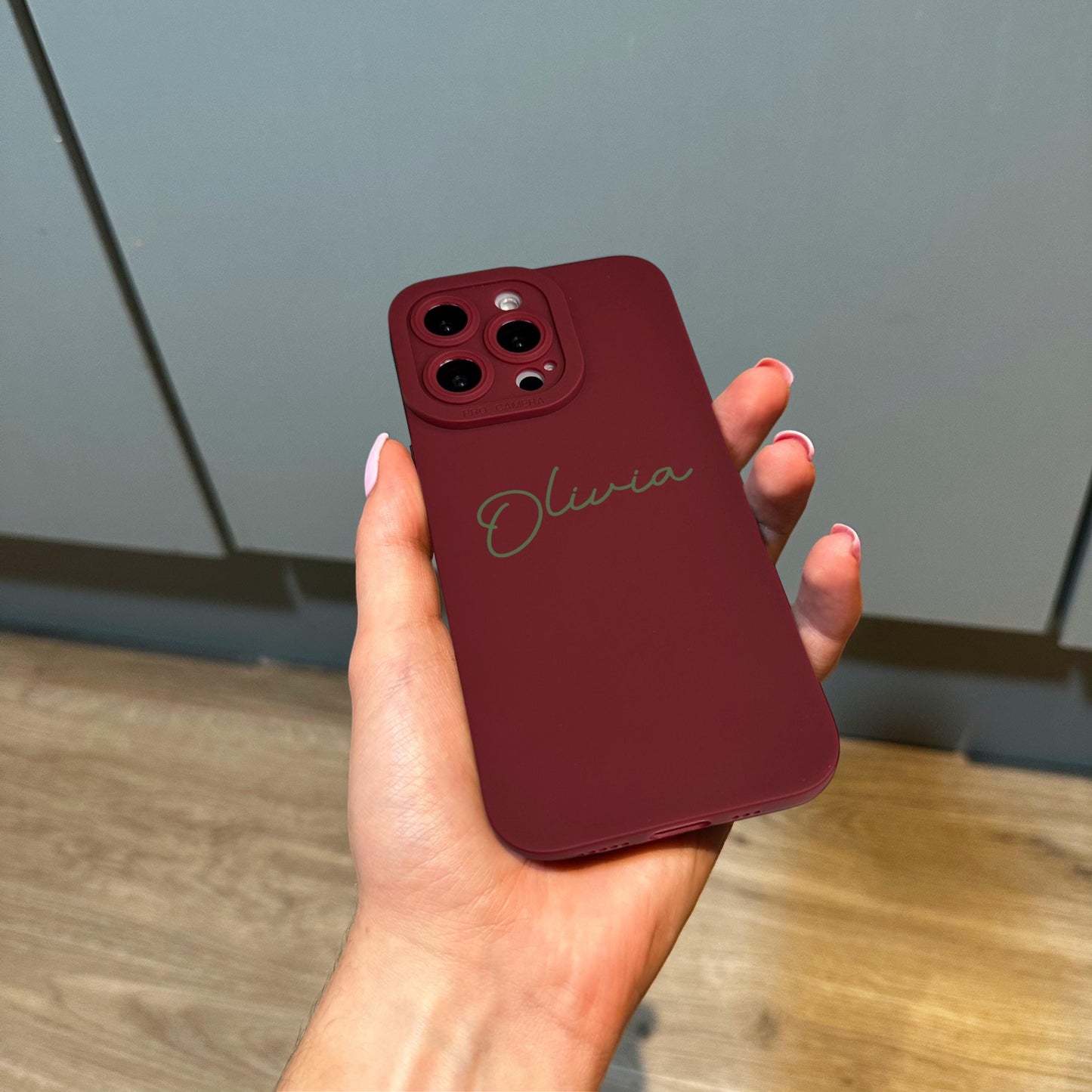Burgundy Personalised Green Cursive Name Phone Case for iPhone 17 16 15 14 13 12 11 11 Pro Max Mini 7 XR Shockproof Phone Cover Custom Name
