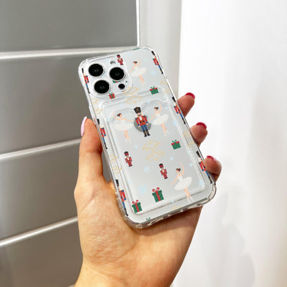 Christmas Pattern Clear Card Holder Phone Case for iPhone 17 16 15 14 13 12 11 11 Pro Max Mini XR Wallet Shockproof Phone Cover Custom Name