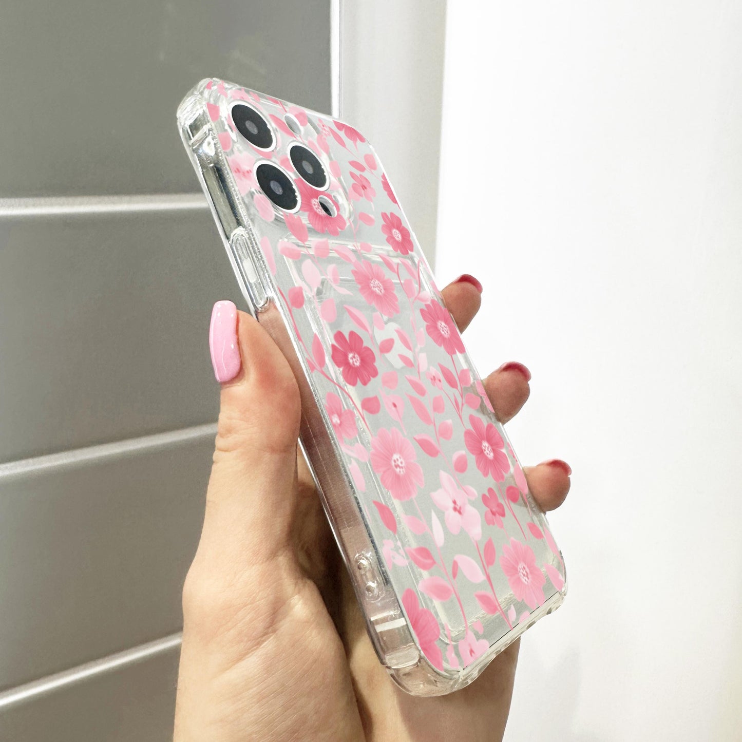 Pink Floral Pattern Card Holder Phone Case for iPhone 17 16 15 14 13 12 11 Pro Max Mini 7 8 XR Wallet Shockproof Phone Cover Custom Name