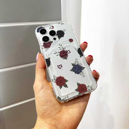 Dark Floral Burgundy Rose Card Holder Phone Case for iPhone 17 16 15 14 13 12 11 11 Pro Max Mini 7 8 XR XS X Wallet Shockproof Phone Cover
