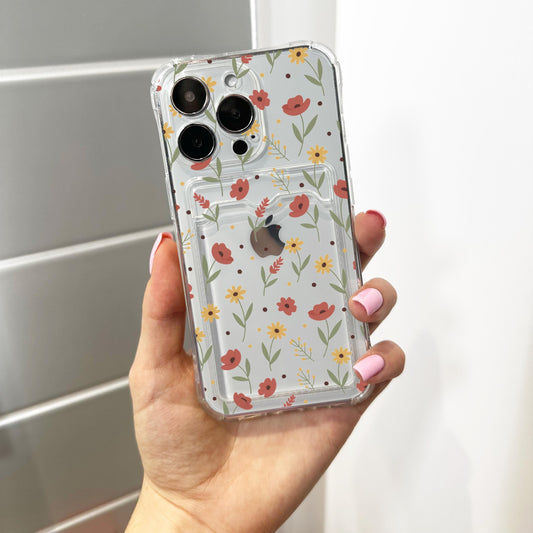 Wild Flower Floral Card Holder Phone Case for iPhone 17 16 15 14 13 12 11 11 Pro Max Mini 7 8 XR XS X Wallet Shockproof Phone Cover Custom