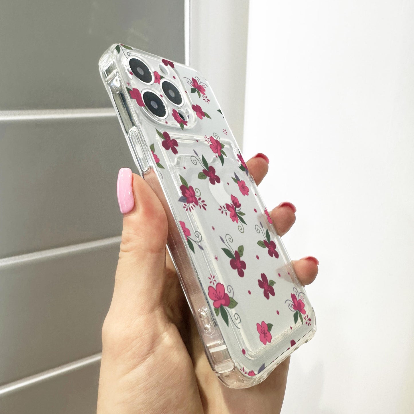 Dark Pink Floral Card Holder Phone Case for iPhone 17 16 15 14 13 12 11 11 Pro Max Mini 7 8 XR X Wallet Shockproof Phone Cover Custom Name