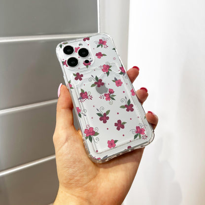 Dark Pink Floral Card Holder Phone Case for iPhone 17 16 15 14 13 12 11 11 Pro Max Mini 7 8 XR X Wallet Shockproof Phone Cover Custom Name