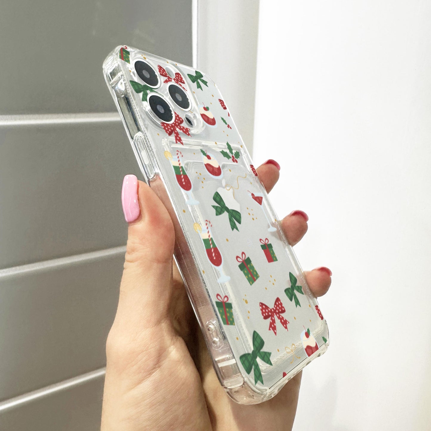 Christmas Bow Cocktail Card Holder Phone Case for iPhone 17 16 15 14 13 12 11 11 Pro Max Mini 7 8 XR XS X Wallet Shockproof Phone Cover