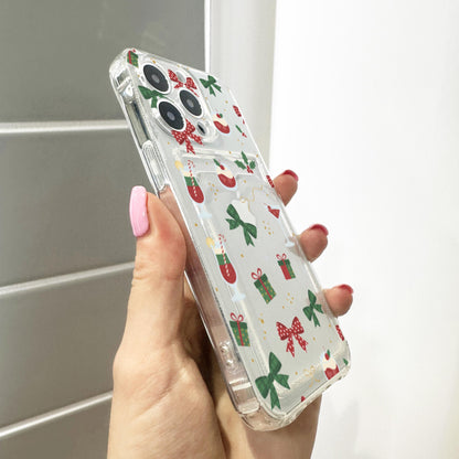 Christmas Bow Cocktail Card Holder Phone Case for iPhone 17 16 15 14 13 12 11 11 Pro Max Mini 7 8 XR XS X Wallet Shockproof Phone Cover