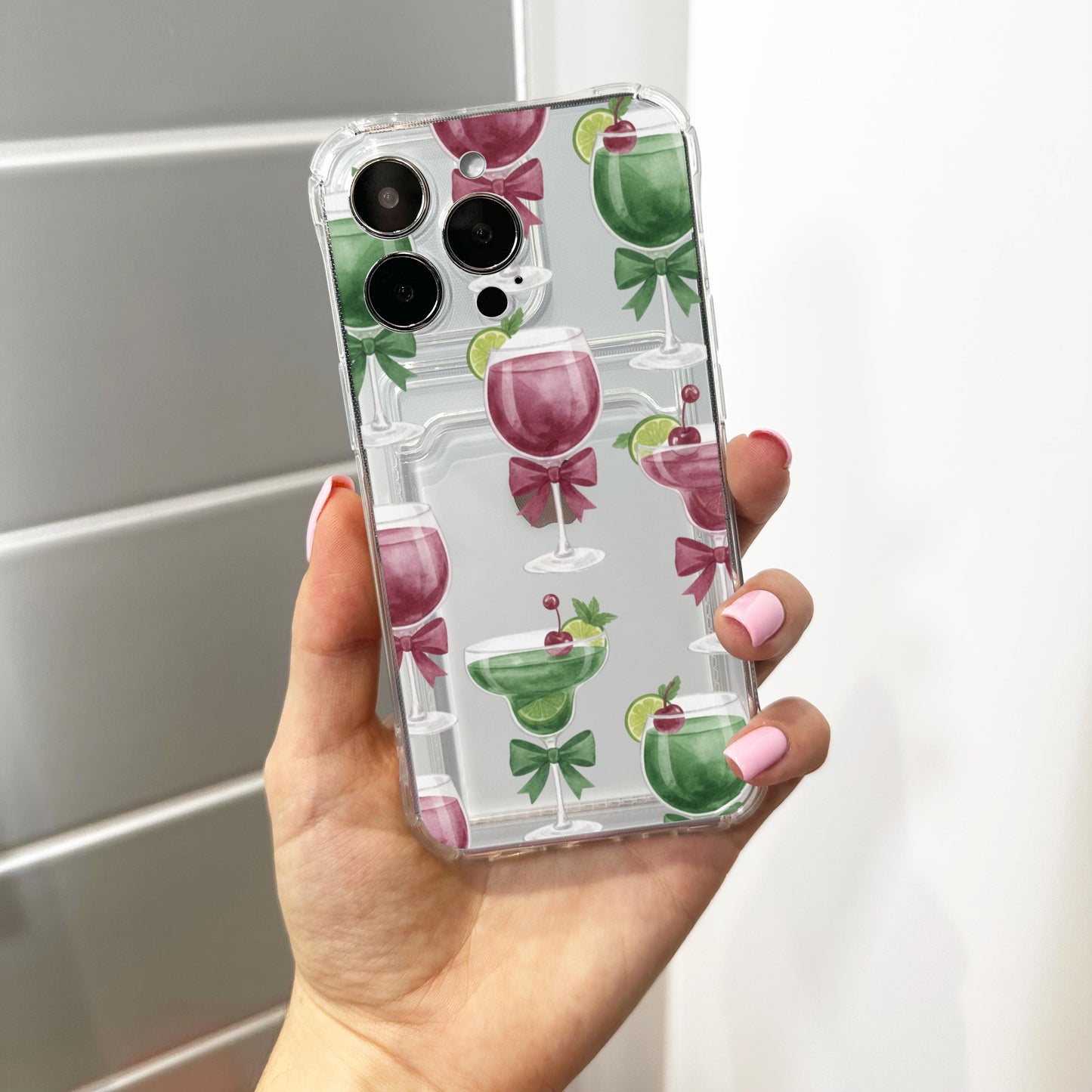 Cocktail Bow Green Burgundy Card Holder Phone Case for iPhone 17 16 15 14 13 12 11 11 Pro Max Mini 7 8 XR XS X Wallet Shockproof Phone Cover