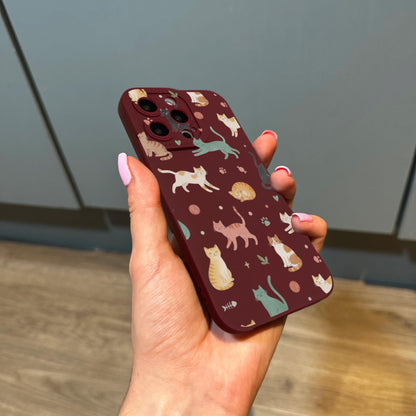 Cat Pattern Burgundy Phone Case for iPhone 17 16 15 14 13 12 11 11 Pro Max Mini 7 8 XR XS X Shockproof Phone Cover with Custom Name