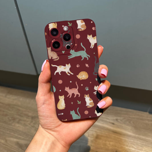 Cat Pattern Burgundy Phone Case for iPhone 17 16 15 14 13 12 11 11 Pro Max Mini 7 8 XR XS X Shockproof Phone Cover with Custom Name