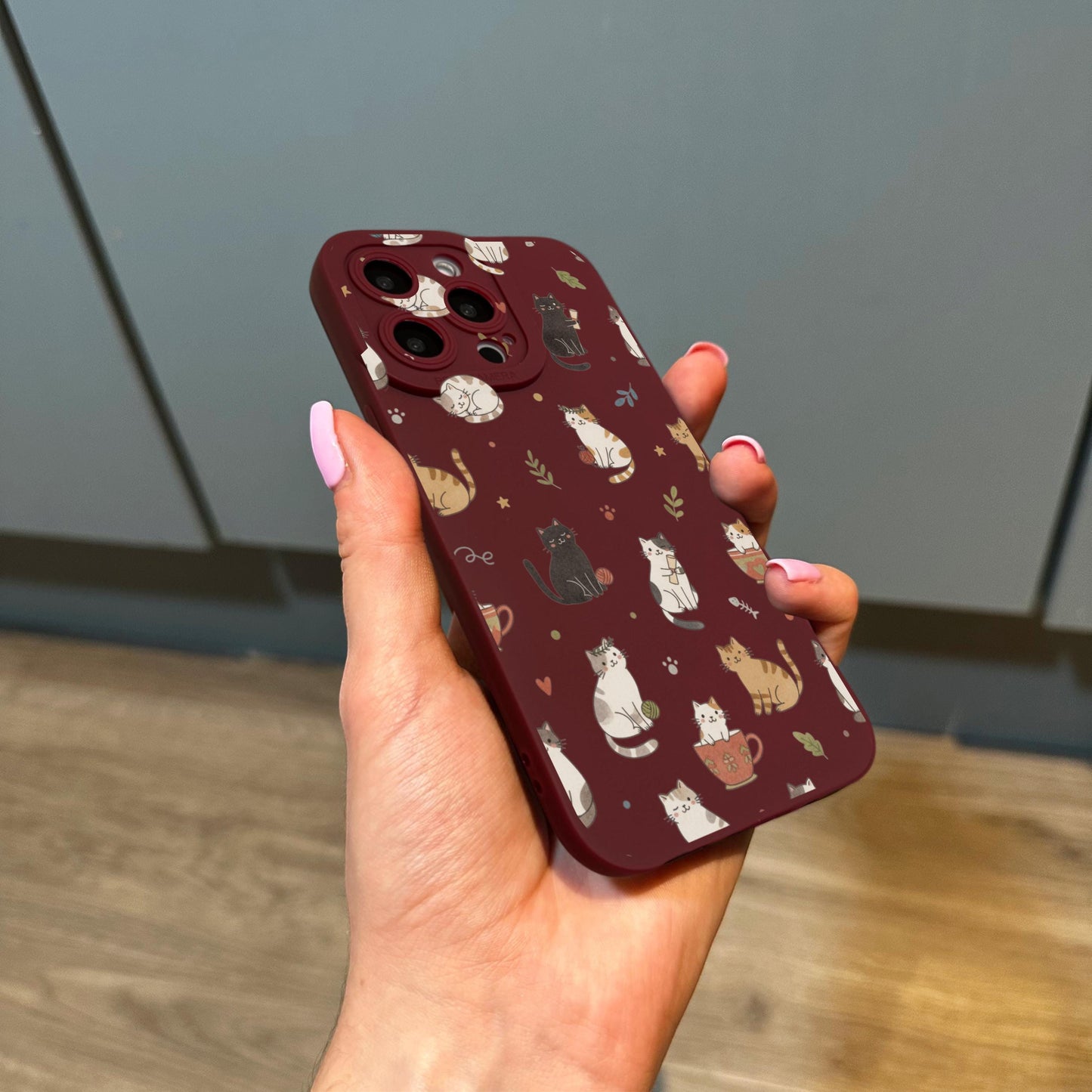 Burgundy Cat Pattern Phone Case for iPhone 17 16 15 14 13 12 11 11 Pro Max Mini 7 8 XR XS X Shockproof Phone Cover with Custom Name