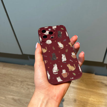 Burgundy Cat Pattern Phone Case for iPhone 17 16 15 14 13 12 11 11 Pro Max Mini 7 8 XR XS X Shockproof Phone Cover with Custom Name