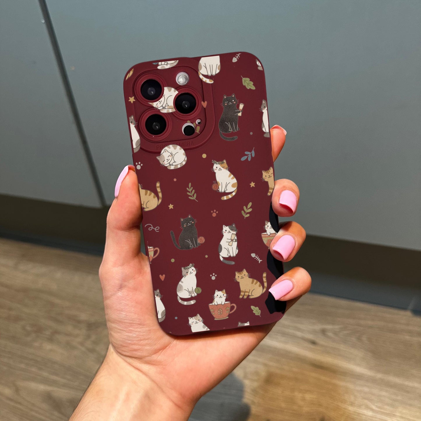 Burgundy Cat Pattern Phone Case for iPhone 17 16 15 14 13 12 11 11 Pro Max Mini 7 8 XR XS X Shockproof Phone Cover with Custom Name