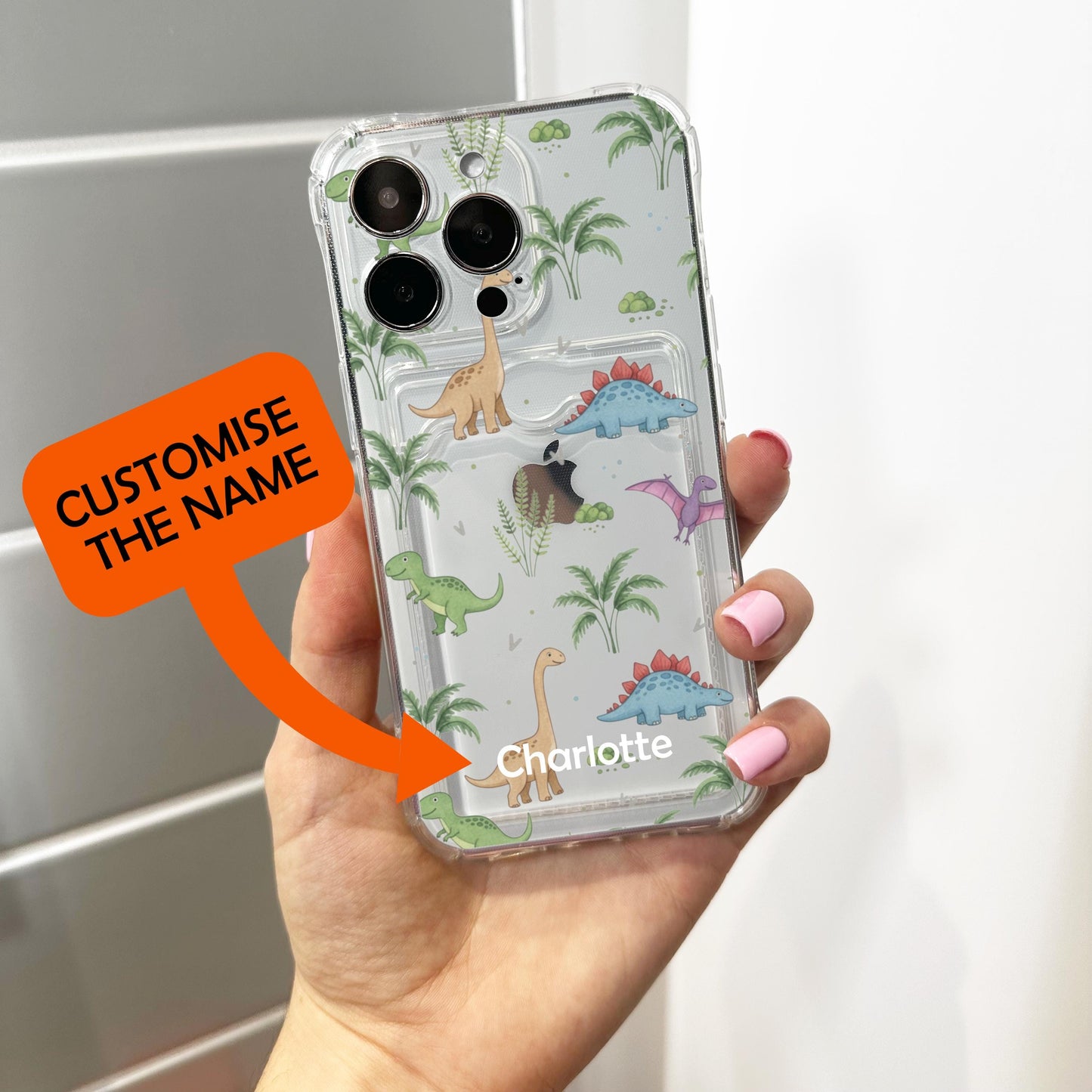 Cartoon Dinosaur Card Holder Phone Case for iPhone 17 16 15 14 13 12 11 11 Pro Max Mini 7 XR XS X Wallet Shockproof Phone Cover Custom Name