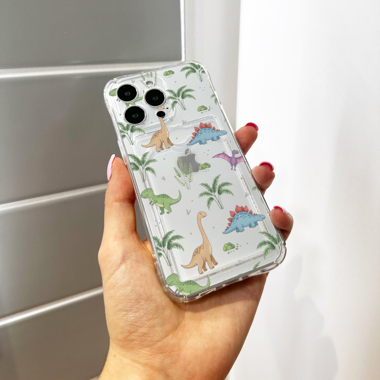 Cartoon Dinosaur Card Holder Phone Case for iPhone 17 16 15 14 13 12 11 11 Pro Max Mini 7 XR XS X Wallet Shockproof Phone Cover Custom Name