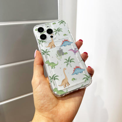 Cartoon Dinosaur Card Holder Phone Case for iPhone 17 16 15 14 13 12 11 11 Pro Max Mini 7 XR XS X Wallet Shockproof Phone Cover Custom Name