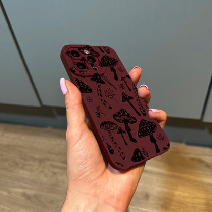 Black Mushroom Funky Burgundy Phone Case for iPhone 17 16 15 14 13 12 11 11 Pro Max Mini 7 8 XR XS X Shockproof Phone Cover with Custom Name
