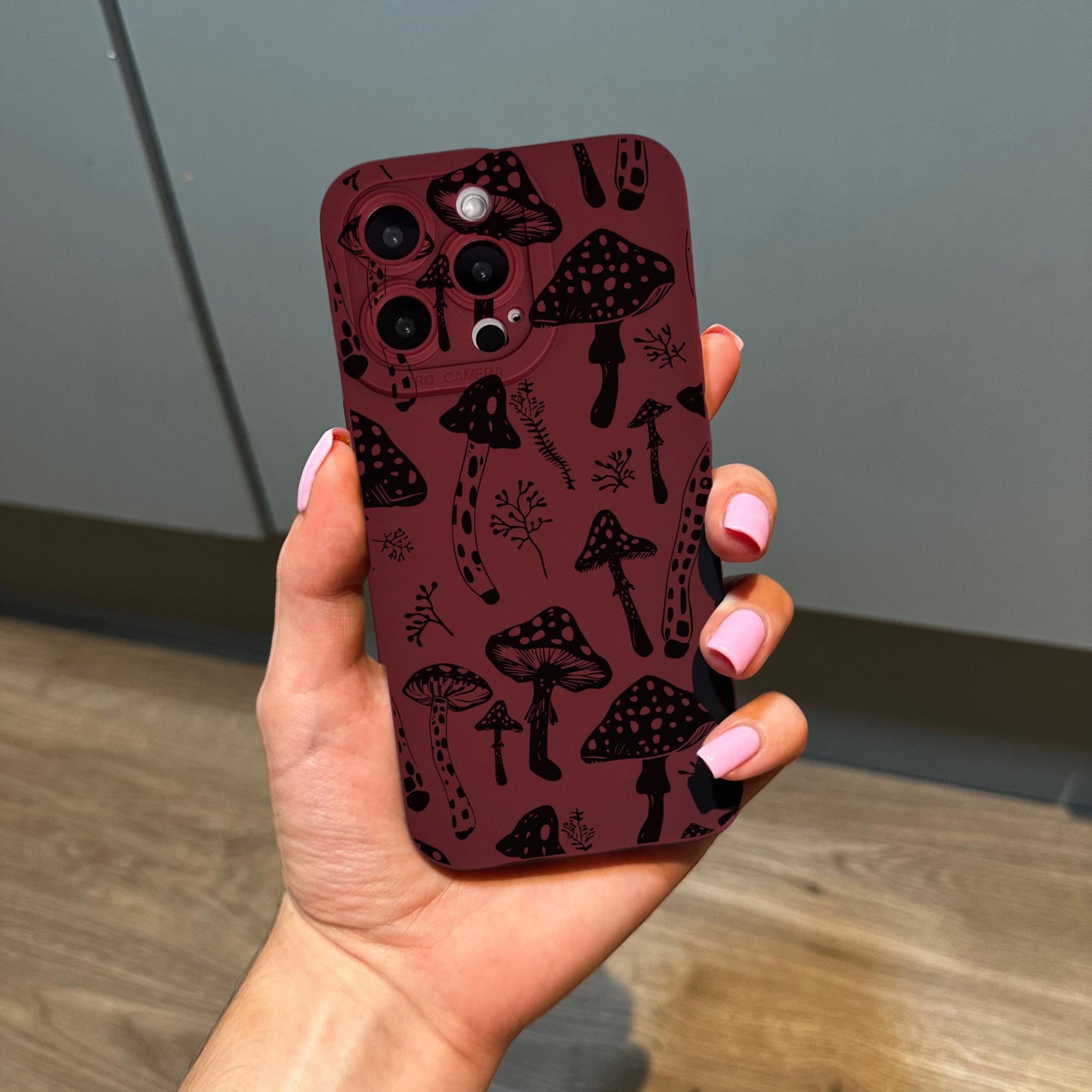Black Mushroom Funky Burgundy Phone Case for iPhone 17 16 15 14 13 12 11 11 Pro Max Mini 7 8 XR XS X Shockproof Phone Cover with Custom Name