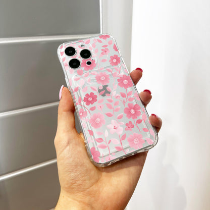 Pink Floral Pattern Card Holder Phone Case for iPhone 17 16 15 14 13 12 11 Pro Max Mini 7 8 XR Wallet Shockproof Phone Cover Custom Name