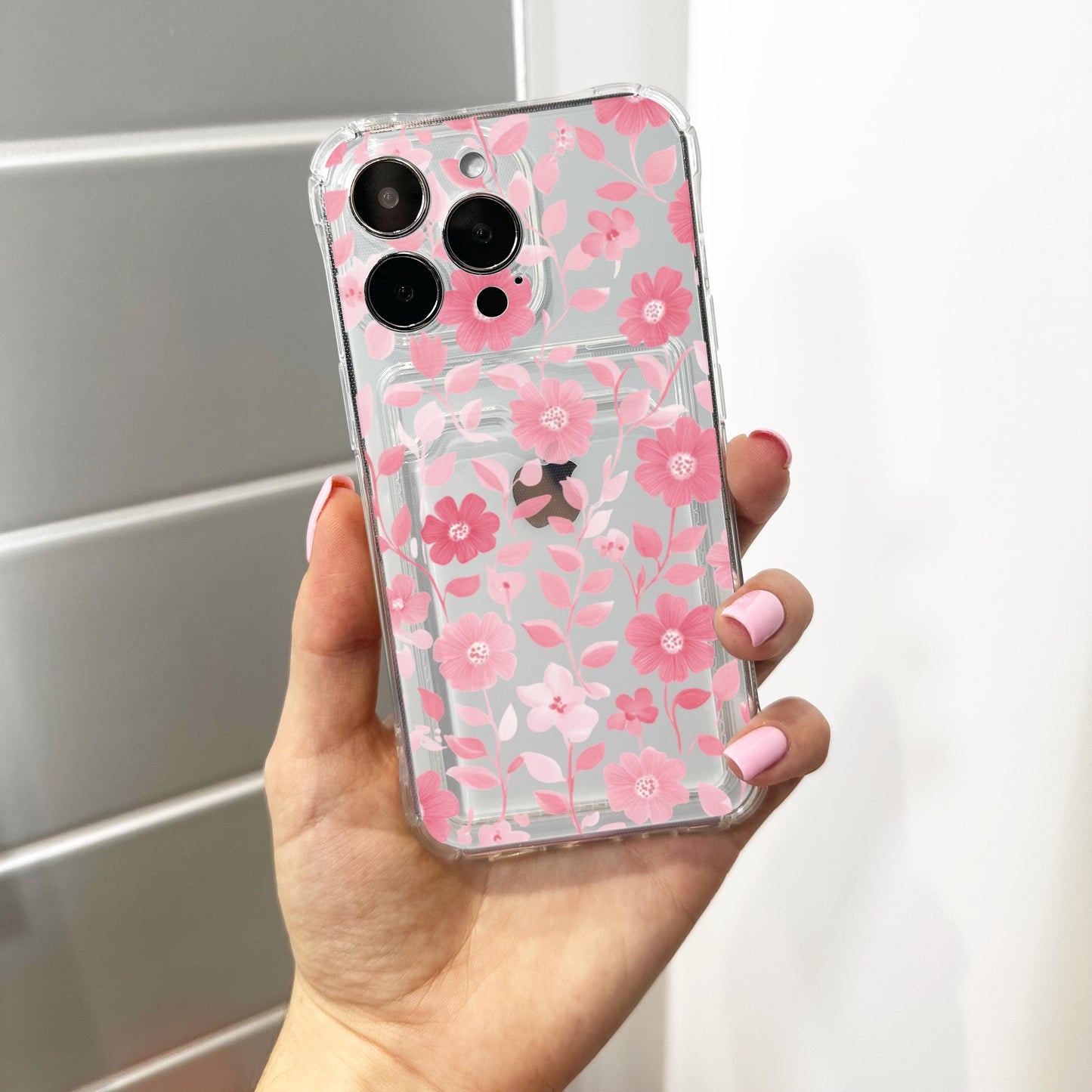 Pink Floral Pattern Card Holder Phone Case for iPhone 17 16 15 14 13 12 11 Pro Max Mini 7 8 XR Wallet Shockproof Phone Cover Custom Name