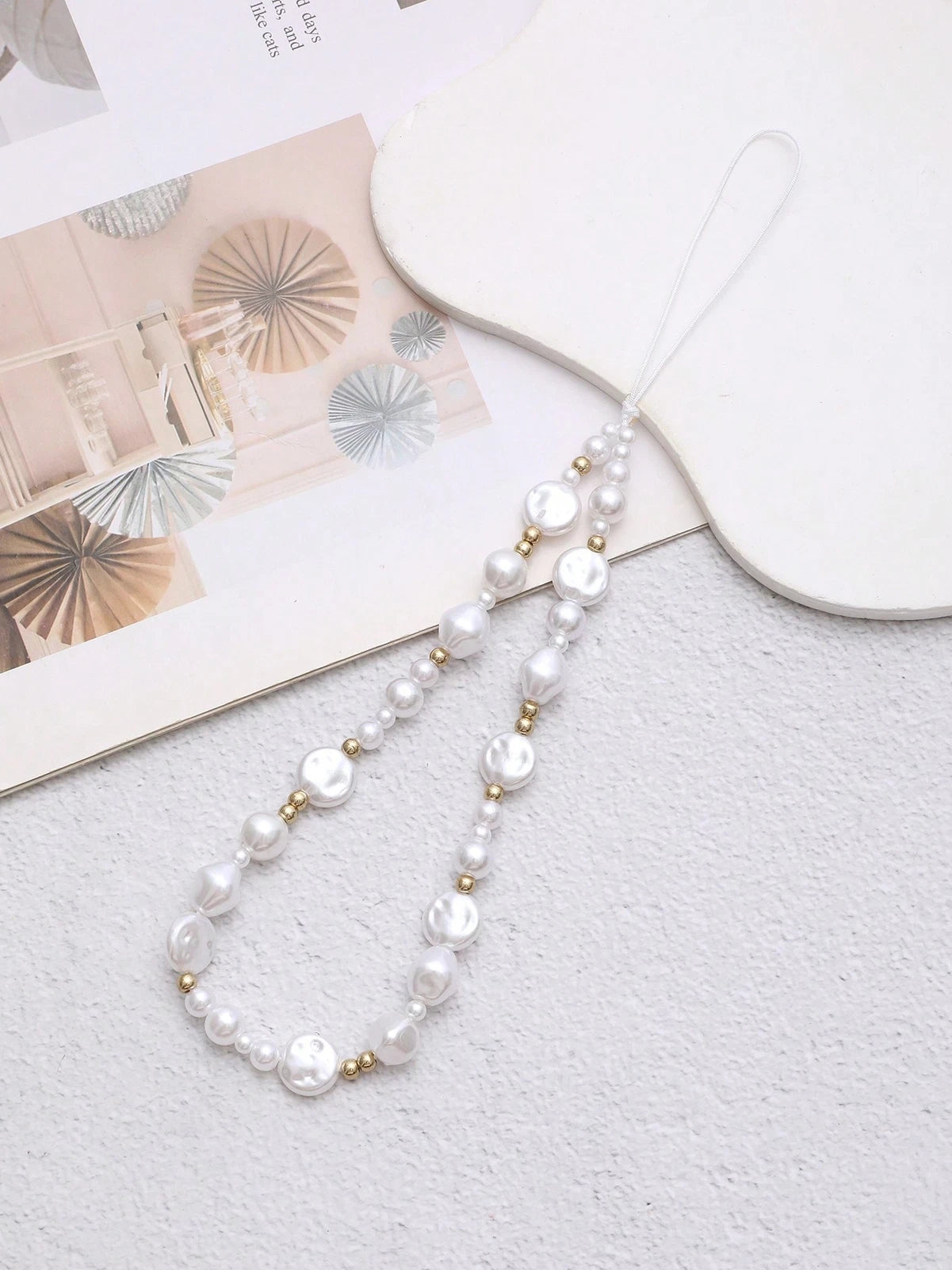 White Pearl Beaded Phone Charm Lanyard