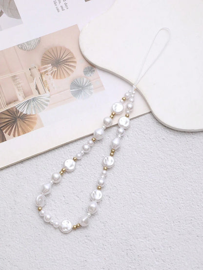 White Pearl Beaded Phone Charm Lanyard
