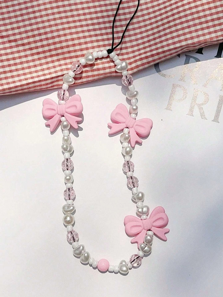 Pink Bow Peal Beaded Phone Charm Strap Lanyard