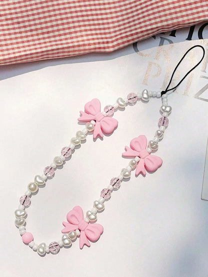 Pink Bow Peal Beaded Phone Charm Strap Lanyard