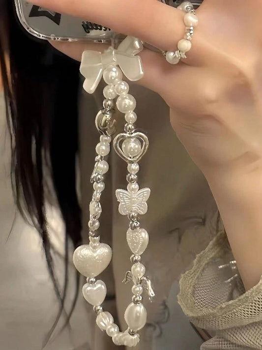 Pearl Heart Butterfly Beaded Phone Charm Wrist Strap Chain Cute Accessory Keys